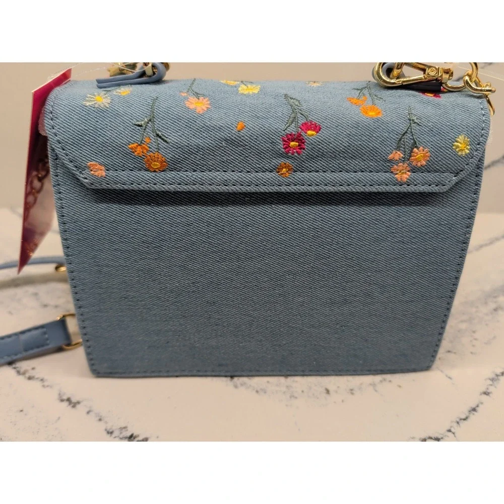 Betsey Johnson Denim Floral Embroidered Handbag Crossbody Balloon Bag Charm NWT
